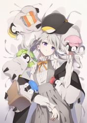 Rule 34 | 1girl, = =, animal, bag, bed sheet, bird, black hat, blue hat, book, bow, breasts, brown bow, cabbie hat, closed eyes, closed mouth, commentary request, glass, green hat, grey hair, grey skirt, hand up, hat, highres, indie virtual youtuber, long hair, long sleeves, lying, medium breasts, on back, open book, penguin, pink hat, pleated skirt, puffy long sleeves, puffy sleeves, purple hair, red hat, shirt, skirt, sleeves past wrists, smile, solo, suspender skirt, suspenders, syukapen, tama (tama-s), twintails, unworn hat, unworn headwear, virtual youtuber, white shirt, yellow hat
