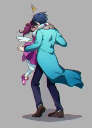 Rule 34 | 1boy, 1girl, ^^^, blue coat, blue hair, blue pants, bow, brown footwear, chromatic aberration, coat, commentary request, e.g.o (project moon), employee (project moon), footwear bow, grey background, height difference, kiss, lobotomy corporation, long sleeves, medu (rubish), pants, pantyhose, pink bow, pink footwear, pink skirt, pink vest, project moon, purple hair, shirt, short hair, short twintails, simple background, skirt, twintails, vest, white pantyhose, white shirt
