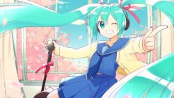 Rule 34 | 1girl, blue eyes, blue hair, cardigan, cherry blossoms, curtains, falling petals, fisheye, grin, hair ribbon, hatsune miku, headphones, high heels, highres, holding, holding microphone, long hair, microphone, microphone stand, midriff peek, mikona honey, nail polish, neckerchief, one eye closed, petals, pleated skirt, pointing, pointing at viewer, ribbon, school uniform, serafuku, skirt, sky, smile, solo, standing, standing on one leg, tree, twintails, very long hair, vocaloid, window