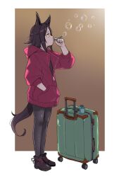 Rule 34 | 1girl, animal ears, black leggings, brown eyes, brown hair, bubble, blowing bubbles, bubble pipe, from side, full body, hand in pocket, highres, horse ears, horse girl, horse tail, jacket, leggings, linne (ruielinne), original, profile, red jacket, rolling suitcase, shoes, sneakers, solo, suitcase, tail