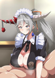 Rule 34 | 1boy, 1girl, asymmetrical horns, azur lane, bad id, bad pixiv id, black necktie, breasts, censored, center opening, dain (bishop m), earrings, grey eyes, grey hair, hair on horn, hakuryuu (azur lane), hakuryuu (slice dice and serve) (azur lane), hetero, high ponytail, highres, horns, indoors, jewelry, large breasts, maid headdress, mismatched horns, mole, mole on breast, mosaic censoring, multiple horns, necktie, official alternate costume, paizuri, penis, red horns, short sleeves, slit pupils, smile, white horns