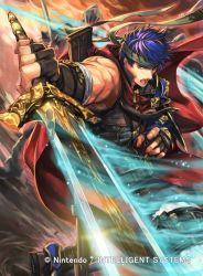 Rule 34 | 2boys, armor, belt, blue eyes, blue hair, cape, commentary request, company connection, copyright name, fingerless gloves, fire emblem, fire emblem: path of radiance, fire emblem: radiant dawn, fire emblem cipher, gloves, glowing, glowing weapon, headband, helmet, holding, holding sword, holding weapon, ike (fire emblem), kuroba.k, looking at viewer, male focus, multiple boys, muscular, nintendo, official art, open mouth, pants, polearm, red cape, short hair, shoulder armor, sleeveless, spear, sword, weapon