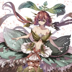Rule 34 | 10s, 1girl, bare shoulders, blush, breasts, brown eyes, brown hair, cleavage, flower, granblue fantasy, hair flower, hair ornament, leaf, leaf on head, long hair, looking at viewer, low twintails, maki (huran), navel, plant girl, solo, twintails, very long hair, yggdrasill (granblue fantasy)