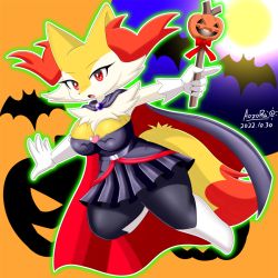 Rule 34 | 1girl, animal ear fluff, animal ears, animal nose, arms up, artist name, bat (animal), black dress, black fur, body fur, braixen, breasts, cape, cleavage, clothed pokemon, creatures (company), dated, dress, female focus, fox ears, fox girl, fox tail, full body, full moon, furry, furry female, game freak, gen 6 pokemon, gloves, green outline, halloween, heart, holding, holding stick, holding wand, index finger raised, jack-o&#039;-lantern, kneehighs, large breasts, leg up, looking at viewer, moon, multicolored fur, neck fur, night, nintendo, open mouth, outdoors, outline, outstretched arms, pleated dress, pokemon, pokemon (creature), red cape, red eyes, red ribbon, ribbon, short dress, signature, socks, solo, stick, strapless, strapless dress, tail, tasogare aozora, thick thighs, thighs, two-sided cape, two-sided fabric, wand, white fur, white gloves, white socks, wide hips, yellow fur