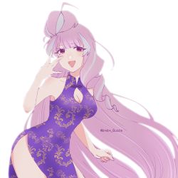 Rule 34 | 1girl, artist name, blue hair, breasts, china dress, chinese clothes, cleavage, cleavage cutout, clenched hand, clothing cutout, collarbone, dress, highres, long hair, macross, macross delta, medium breasts, mikumo guynemer, multicolored hair, purple dress, purple hair, qualle, red eyes, solo, streaked hair, very long hair, w, white background