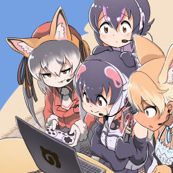 Rule 34 | african penguin (kemono friends), animal ears, coyote (kemono friends), highres, humboldt penguin (kemono friends), island fox (kemono friends), kemono friends, kemono friends v project, long hair, mcgunngu, necktie, shirt, shoes, silver hair, simple background, skirt, tail, twintails, virtual youtuber