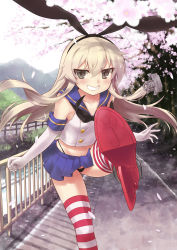 Rule 34 | 10s, 1girl, alphy, anchor hair ornament, blonde hair, blue skirt, buttons, cherry blossoms, collarbone, crop top, elbow gloves, floating hair, gloves, grey eyes, grin, hair between eyes, hair ornament, hairband, highleg, highleg panties, highres, kantai collection, leg up, long hair, microskirt, navel, outdoors, panties, pantyshot, petals, pleated skirt, school uniform, serafuku, shimakaze (kancolle), skirt, smile, solo, standing, striped clothes, striped thighhighs, thighhighs, tree, underwear, white gloves