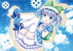 Rule 34 | 1girl, adapted costume, animal hat, aqua eyes, backpack, bag, bloomers, blue eyes, blue footwear, blue gloves, blue hair, blue sky, blush, boots, cloud, cloudy sky, day, dress, dress shirt, frilled dress, frilled shirt collar, frilled skirt, frilled sleeves, frills, gears, gloves, hair bobbles, hair ornament, hat, jewelry, kawashiro nitori, looking at viewer, magical girl, matching hair/eyes, open mouth, pendant, pocket, puffy short sleeves, puffy sleeves, ribbon, shirt, short hair, short sleeves, skirt, skirt set, sky, solo, thighhighs, tomo takino, touhou, twintails, two side up, underwear, white ribbon, white shirt, white thighhighs