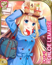 Rule 34 | 1girl, :d, arms up, bag, blonde hair, blue eyes, blue jacket, brown hair, card (medium), character name, chloe lemaire, coat, girlfriend (kari), holding, jacket, long hair, official art, open mouth, outdoors, plaid, plaid skirt, qp:flapper, red skirt, scarf, school uniform, shirt, skirt, smile, solo, standing, sunset, tagme, thighhighs, white shirt, white thighhighs, winter clothes, winter coat