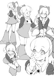 Rule 34 | 1girl, absurdres, blush, boots, bow, capcom, closed eyes, closed mouth, dress, greyscale, hair bow, highres, index finger raised, long sleeves, mega man (classic), mega man (series), monochrome, multiple views, open mouth, ponytail, roll (mega man), rx hts, sidelocks, simple background, sitting, smile, standing