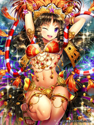 Rule 34 | 1girl, ;d, anklet, armlet, arms behind head, bad id, bad pixiv id, bracelet, brown hair, copyright name, dancer, drill hair, ells, gold, headdress, jewelry, long hair, lots of jewelry, navel, navel piercing, one eye closed, open mouth, original, piercing, purple eyes, sandals, smile, solo, sousei ragnavein, sparkle, vest, watermark, wink