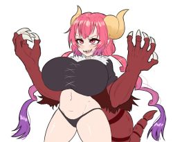Rule 34 | 1girl, black panties, blush, breasts, claws, dragon girl, dragon horns, dragon tail, gradient hair, horns, ilulu (maidragon), kobayashi-san chi no maidragon, large breasts, long hair, multicolored hair, navel, open mouth, panties, purple hair, red eyes, red hair, sharp teeth, simple background, smile, solo, tail, teeth, twintails, underwear, white background