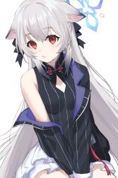 Rule 34 | 1girl, animal ears, bare shoulders, black dress, black hair, black jacket, blue archive, blush, breasts, deca purio, dress, grey hair, halo, highres, jacket, kokona (blue archive), long hair, long sleeves, looking at viewer, multicolored hair, off shoulder, red eyes, sidelocks, skirt, small breasts, solo, streaked hair, striped clothes, striped dress, tiger ears, tiger girl, vertical-striped clothes, vertical-striped dress, white skirt