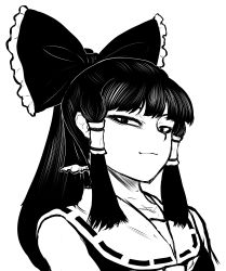 Rule 34 | 1girl, absurdres, bow, closed mouth, commentary request, frilled bow, frills, greyscale, hair bow, hair tubes, hakurei reimu, highres, long hair, looking at viewer, miazuma sarin, monochrome, ribbon-trimmed collar, ribbon trim, shirt, sidelocks, simple background, sleeveless, sleeveless shirt, smile, solo, touhou, upper body