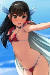 Rule 34 | 1girl, :d, absurdres, armor, bikini, bikini armor, black hair, black hairband, blue sky, blurry, blurry background, blush, breasts, brown eyes, cape, cloud, cosplay, day, depth of field, elizabeth bathory (brave) (fate), elizabeth bathory (brave) (fate) (cosplay), elizabeth bathory (fate), fate (series), female focus, groin, hair between eyes, hairband, highres, long hair, looking at viewer, matsunaga kouyou, navel, nose blush, open mouth, original, outdoors, outstretched arm, pauldrons, red bikini, shoulder armor, sky, small breasts, smile, solo, swimsuit, teeth, upper teeth only, white cape