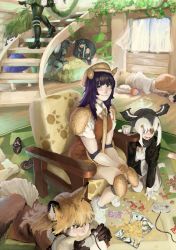 Rule 34 | 6+girls, african elephant (kemono friends), animal ears, arm rest, arm support, armadillo ears, armchair, armor, atlantic puffin (kemono friends), bag of chips, ball, barefoot, bird wings, black hair, black wildebeest (kemono friends), blonde hair, blush, boots, chair, chips (food), closed mouth, common dolphin (kemono friends), controller, cookie, curtains, day, easy chair, elbow gloves, elbow pads, elephant ears, ezo red fox (kemono friends), fisheye, food, fox ears, fox girl, fox tail, friends, fur collar, game controller, gamepad, giant armadillo (kemono friends), gloves, hat, head wings, highres, holding, holding controller, holding game controller, horns, indoors, jacket, kemono friends, kemono friends 3, knee pads, kneeling, knees together feet apart, leaf, leaning forward, lion (kemono friends), lion tail, long hair, long sleeves, looking at another, looking at object, looking at viewer, looking up, lying, multicolored hair, multiple girls, on bed, on side, on stomach, open mouth, open window, own hands together, plant, playing games, potato chips, r birdy, red hair, scarf, shirt, shoes, short sleeves, shoulder armor, sitting, sleeveless, sleeveless shirt, smile, snack, snake tail, sneakers, stairs, super famicom gamepad, tail, toes, vest, vines, walking, white hair, wind, window, wings, wooden floor