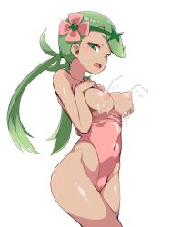 Rule 34 | 1girl, bare shoulders, blush, breasts, breasts out, cameltoe, cleft of venus, clothes pull, covered navel, cowboy shot, creatures (company), dark-skinned female, dark skin, flower, game freak, green eyes, green hair, groin, hair flower, hair ornament, highleg, highleg swimsuit, highres, lactation, large breasts, long hair, looking at viewer, mallow (pokemon), nintendo, nipples, one-piece swimsuit, one-piece swimsuit pull, open mouth, pink one-piece swimsuit, pokemon, pokemon sm, puffy nipples, shiny skin, simple background, smile, solo, swimsuit, teeth, thighs, twintails, white background, zootan