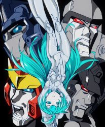 Rule 34 | 1girl, 4boys, :o, ahoge, android, aqua eyes, aqua hair, arms up, autobot, black background, breasts, clenched teeth, decepticon, grin, hot rod (transformers), kamizono (spookyhouse), long hair, looking at viewer, looking to the side, mecha, megatron, multiple boys, no mouth, open mouth, optimus prime, pale skin, red eyes, robot, sara (transformers), simple background, small breasts, smile, starscream, teeth, thigh gap, transformers, transformers cloud, upside-down, very long hair