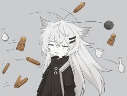 Rule 34 | 1girl, animal ear fluff, animal ears, antenna hair, arknights, black jacket, closed eyes, collared jacket, commentary request, confused, deformed, facing ahead, from side, grey background, grey hair, hair between eyes, hair ornament, hairclip, high collar, highres, itonatsu, jacket, lappland (arknights), layered sleeves, long hair, long sleeves, messy hair, motion lines, pale skin, parted bangs, parted lips, rolling pin, scar, scar across eye, scar on face, short over long sleeves, short sleeves, sidelocks, simple background, solo, standing, teeth, thrown, upper body, vase, very long hair, wolf ears, wolf girl