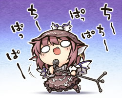 Rule 34 | 1girl, bow, bowtie, brown dress, chibi, commentary request, dress, earrings, fang, hat, jewelry, microphone, microphone stand, music, mystia lorelei, nekoguruma, open mouth, petticoat, pink hair, puffy sleeves, singing, solid circle eyes, solo, touhou, translation request, wings
