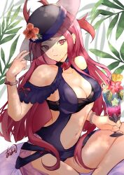 Rule 34 | 1girl, alternate costume, atoatto, bare shoulders, black hat, blue one-piece swimsuit, breasts, cleavage, clothing cutout, cup, dress, dress swimsuit, drinking glass, drinking straw, female focus, fire emblem, fire emblem engage, fire emblem heroes, flower, hat, holding, holding cup, ivy (fire emblem), ivy (summer) (fire emblem), large breasts, long hair, looking at viewer, matching hair/eyes, mole, mole under mouth, navel, nintendo, official alternate costume, one-piece swimsuit, purple eyes, purple hair, see-through, signature, solo, stomach, stomach cutout, swimsuit, tropical drink