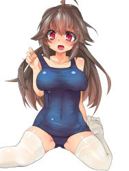 Rule 34 | 1girl, ahoge, arunira, bare shoulders, blue one-piece swimsuit, blush, breasts, brll, brown hair, clothes lift, collarbone, colored skin, highres, long hair, old school swimsuit, one-piece swimsuit, open mouth, original, purple skin, red eyes, school swimsuit, simple background, sitting, solo, swimsuit, swimsuit lift, thighhighs, wariza, wet, white background, white thighhighs