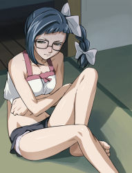 Rule 34 | 00s, 1girl, asatte no houkou, bare legs, barefoot, braid, breast hold, breasts, camisole, closed mouth, feet, glasses, haruyama kazunori, legs, nogami shouko, panties, side braid, side ponytail, solo, sweat, toes, undersized clothes, underwear