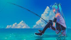 Rule 34 | 1girl, absurdres, aqua eyes, aqua hair, artist name, bare shoulders, black footwear, black skirt, black sleeves, blue sky, boots, closed mouth, cloud, cloudy sky, commentary, day, detached sleeves, english commentary, fishing, fishing rod, from side, full body, grey shirt, hair ornament, hatsune miku, highres, holding, holding fishing rod, long hair, ocean, outdoors, pleated skirt, profile, sainttufa, shirt, sidelocks, sitting, skirt, sky, sleeveless, sleeveless shirt, solo, thigh boots, twintails, very long hair, vocaloid, water, watermark