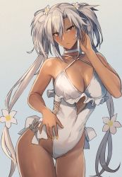 Rule 34 | 1girl, bare arms, bare legs, bare shoulders, blush, breasts, cleavage, closed mouth, collarbone, cosplay, cowboy shot, dark-skinned female, dark skin, flower, hair between eyes, hair flower, hair ornament, highres, kantai collection, kasumi (skchkko), large breasts, long hair, musashi (kancolle), one-piece swimsuit, red eyes, sagiri (kancolle), sagiri (kancolle) (cosplay), solo, swimsuit, white flower, white hair, white one-piece swimsuit