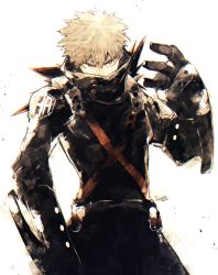 Rule 34 | 1boy, artist name, bad id, bad twitter id, bakugou katsuki, black pants, black shirt, blonde hair, boku no hero academia, covered mouth, cowboy shot, gloves, highres, holding, jacket, looking at viewer, male focus, official alternate costume, pants, red eyes, red shirt, ryo (piggerworld), shirt, simple background, solo, spiked hair, two-tone shirt, weapon, white background
