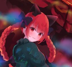 Rule 34 | 1girl, :3, animal ears, black bow, blush, bow, braid, cat ears, closed mouth, commentary request, dress, extra ears, green dress, hair bow, kaenbyou rin, long sleeves, looking at viewer, narutakaya, red eyes, red hair, short hair with long locks, solo, touhou, twin braids