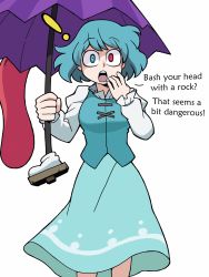 Rule 34 | !, 1girl, blue eyes, blue hair, blue skirt, blue vest, commentary, commission, cross-laced clothes, eddybird55555, english commentary, english text, heterochromia, highres, holding, holding umbrella, juliet sleeves, karakasa obake, long sleeves, looking at viewer, open mouth, puffy sleeves, purple umbrella, red eyes, ringed eyes, shirt, short hair, skirt, solo, standing, tatara kogasa, teeth, tongue, touhou, umbrella, upper teeth only, vanripper (style), vest, white shirt