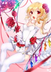 Rule 34 | 1girl, alternate costume, bad id, bad pixiv id, bare shoulders, blonde hair, breasts, dress, earrings, elbow gloves, fang, flandre scarlet, flower, garter straps, gloves, hair flower, hair ornament, highres, jewelry, long hair, looking at viewer, medium breasts, open mouth, pink background, pointy ears, red eyes, red flower, red rose, ring, rose, shanghai bisu, side ponytail, smile, solo, sparkle, thighhighs, touhou, wedding band, wedding dress, white gloves, white thighhighs, wings