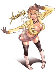 Rule 34 | 10s, 1girl, ;), artist name, bad id, bad pixiv id, baseball cap, belt, bikini, bikini under clothes, black gloves, black thighhighs, blonde hair, boots, breasts, cidney aurum, cleavage, cropped jacket, final fantasy, final fantasy xv, full body, gigiman (giginoart), gloves, goggles, goggles around neck, hat, jacket, knee boots, large breasts, leaning forward, lips, one eye closed, pigeon-toed, red bikini, salute, short hair, short shorts, shorts, smile, solo, swimsuit, tan, thighhighs, two-finger salute, white footwear, yellow jacket