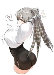 Rule 34 | 1girl, ?, arknights, ass, black shorts, breasts, commentary request, cropped legs, fartooth (arknights), grey hair, high-waist shorts, highres, horn/wood, large breasts, long hair, looking at viewer, ponytail, shirt, shorts, simple background, solo, spoken question mark, standing, very long hair, white background, white shirt, yellow eyes