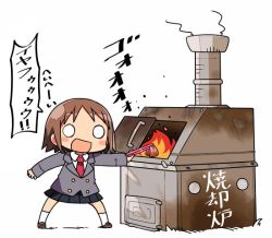 Rule 34 | 1girl, blush, blush stickers, brown hair, chibi, commentary request, cooking, food, incinerator, jpeg artifacts, kanikama, kill me baby, long sleeves, meat, necktie, o o, open mouth, oribe yasuna, red necktie, school uniform, short hair, solo, text focus, translation request, white legwear
