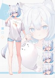 &gt;:( 1girl :3 :d @_@ angry animal_ears barefoot blue_eyes blue_shorts cat_ears cat_girl cat_tail dolphin_shorts expressions fang highres nekoponchiar off_shoulder open_mouth original short_shorts short_sleeves shorts smile stuffed_seal tail v-shaped_eyebrows white_hair zoom_layer