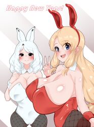 Rule 34 | 2girls, absurdres, animal ears, arctic hare (kemono friends), bare shoulders, black eyes, blonde hair, blue eyes, breasts, calenda (kemono friends), cleavage, closed mouth, dog haru73, extra ears, highres, huge breasts, kemono friends, kemono friends 3, large breasts, leotard, long hair, looking at viewer, multiple girls, open mouth, playboy bunny, rabbit ears, rabbit girl, simple background, white hair