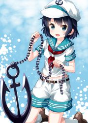 Rule 34 | 1girl, :d, anchor, anchor symbol, aqua sailor collar, belt, black hair, blue background, blue eyes, blush, breasts, brown belt, brown footwear, chain, commentary request, hand up, hat, highres, holding, kneehighs, kneeling, looking at viewer, midriff peek, murasa minamitsu, neckerchief, open mouth, red neckerchief, ruu (tksymkw), sailor collar, sailor hat, sailor shirt, shirt, shoes, short hair, short sleeves, shorts, sidelocks, small breasts, smile, socks, solo, thighs, touhou, v-shaped eyebrows, white hat, white shirt, white shorts, white socks