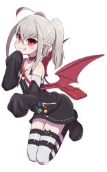 Rule 34 | 1girl, ahoge, badge, bag, bare shoulders, black footwear, blush, collar, commentary, demon wings, dress, fang, full body, grin, highres, horn band legwear, konboi-eg, long sleeves, looking at viewer, loose clothes, makaino ririmu, makaino ririmu (2nd costume), nijisanji, no horns, pointy ears, red eyes, red wings, shoes, silver hair, sleeves past fingers, sleeves past wrists, smile, solo, thighhighs, two side up, virtual youtuber, white background, wings, zettai ryouiki