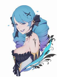 Rule 34 | 1girl, absurdres, bare shoulders, black bow, black choker, blue hair, bow, breasts, choker, collarbone, detached sleeves, drill hair, fang, frills, from side, gwen (league of legends), hair bow, hair ornament, half-closed eye, heart, highres, large breasts, league of legends, liya nikorov, long hair, shoulder tattoo, simple background, solo, tattoo, teeth, twin drills, white background, x hair ornament
