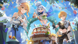 Rule 34 | 1boy, 2girls, :d, :q, absurdres, aether (genshin impact), ahoge, bare shoulders, black gloves, blonde hair, blue sky, breasts, cake, character doll, chef hat, detached sleeves, earrings, flower, food, fruit, genshin impact, gloves, hair flower, hair ornament, hat, highres, holding, jewelry, long sleeves, lumine (genshin impact), medium breasts, midriff, mujizi, multiple girls, open mouth, paimon (genshin impact), pastry bag, purple eyes, shaved ice, single earring, sky, smile, strawberry, string of flags, tongue, tongue out, white hair, yellow eyes