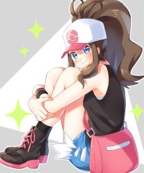 Rule 34 | 1girl, bag, baseball cap, black vest, blue eyes, blush, boots, brown hair, closed mouth, commentary request, creatures (company), denim, denim shorts, from side, game freak, hat, high ponytail, hilda (pokemon), hugging own legs, long hair, looking at viewer, looking to the side, nintendo, pink bag, pokemon, pokemon bw, scbstella, short shorts, shorts, shoulder bag, sidelocks, sitting, smile, solo, sparkle, vest, wristband