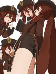 Rule 34 | 1girl, :d, :o, ^ ^, ass, bike shorts, black headwear, black shorts, brown coat, closed eyes, coat, commentary request, cowboy shot, flasso, flower, flower-shaped pupils, from side, genshin impact, hands up, hat, hat flower, highres, hu tao (genshin impact), index finger raised, jewelry, long hair, long sleeves, looking at viewer, multiple rings, multiple views, open mouth, plum blossoms, red eyes, red flower, ring, shorts, smile, symbol-shaped pupils, twintails, very long hair