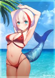 Rule 34 | 1girl, admiral graf spee (azur lane), armpits, azur lane, beach, bikini, blue eyes, blush, breasts, chunyineo, cleavage, commentary request, cowboy shot, cross, dated, day, fins, fish tail, hair between eyes, hands up, highres, iron cross, looking at viewer, medium breasts, multicolored hair, navel, ocean, outdoors, palm tree, red bikini, red hair, shark tail, short hair, solo, standing, streaked hair, swimsuit, tail, tree, twitter username, white hair