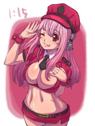 Rule 34 | 1girl, ;p, blush, breasts, cleavage, female focus, headphones, large breasts, long hair, looking at viewer, navel, nitroplus, one eye closed, open mouth, pink eyes, pink hair, smile, solo, super sonico, tongue, tongue out, tsujizen