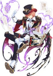 Rule 34 | 1boy, black hat, book, closed eyes, facing viewer, formal, full body, gloves, hand up, hat, magic, male focus, official art, open book, papers, red hat, skerry, smile, solo, suit, teria saga, top hat, transparent background, white gloves