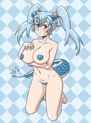 Rule 34 | 1girl, acesrulez, animal ears, blue eyes, blue hair, blush, breasts, covered erect nipples, dragon girl, dragon tail, hair between eyes, heart, heart maebari, heart pasties, kemono friends, kneeling, large breasts, long hair, looking at viewer, maebari, multicolored hair, navel, pasties, revealing clothes, seiryuu (kemono friends), solo, stomach, tail, twintails