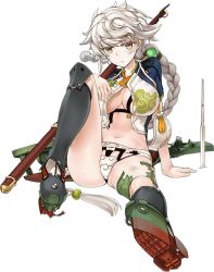 Rule 34 | 10s, 1girl, bra, braid, breasts, brown eyes, cleavage, cloud, cloud print, cupless bra, damaged, dirty, dirty face, full body, jacket, kantai collection, kuuro kuro, large breasts, long hair, machinery, midriff, official art, orb, panties, silver hair, single braid, solo, staff, thighhighs, torn clothes, torn thighhighs, transparent background, underwear, unryuu (kancolle), very long hair