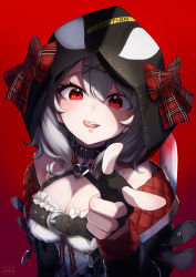 Rule 34 | 1girl, absurdres, animal hood, bare shoulders, belt, black belt, black gloves, black hair, blush, bow, breasts, camisole, cleavage, collar, finger gun, fingerless gloves, gloves, hair between eyes, hair ornament, heart, highres, hololive, holox, hood, jacket, large breasts, long sleeves, looking at viewer, medium hair, multicolored hair, nemu iine, off-shoulder jacket, off shoulder, orca hood, plaid, plaid bow, pointing, pointing at viewer, red background, red eyes, sakamata chloe, silver hair, simple background, smile, solo, streaked hair, tongue, tongue out, virtual youtuber, white camisole, x hair ornament